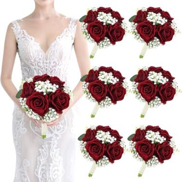 Imagem de Conjunto de 6 buquês artificiais de dama de honra – buquê de seda vinho rosa branco para bebês, 17,8 cm, buquê de noiva para casamento, chá de panela, decoração de aniversário de cerimônia