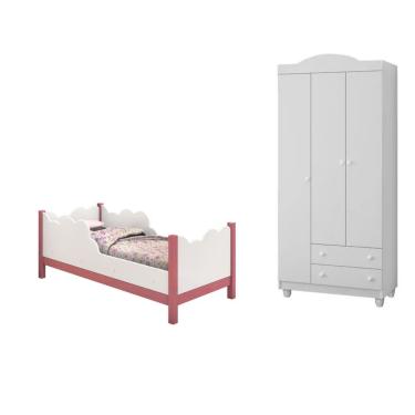 Imagem de Cama Infantil Juvenil Nuvem Branco/rosa com Guarda Roupa Lara Branco