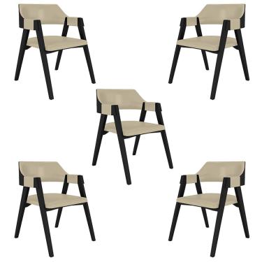 Imagem de Kit 5 Cadeiras Sala De Jantar E Jogos Carteados Madeira Maciça Poker Pu Bege-preto G42 - Gran Belo