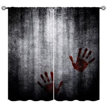 Imagem de Cortinas assustadoras com estampa de mão sangrenta, cortina de parede preta grunge Halloween gótico terror vermelho com bolso para varão, tratamentos de janela para quarto de crianças, meninos, 106,7