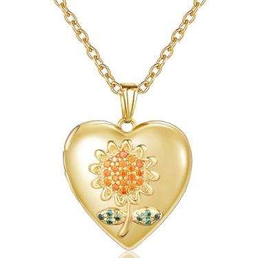 Imagem de YOUFENG Colar com medalhão de ouro e girassol com coração de amor que guarda fotos banhado a ouro 14 K, medalhão, presente de aniversário, Latão, Zircônia cúbica