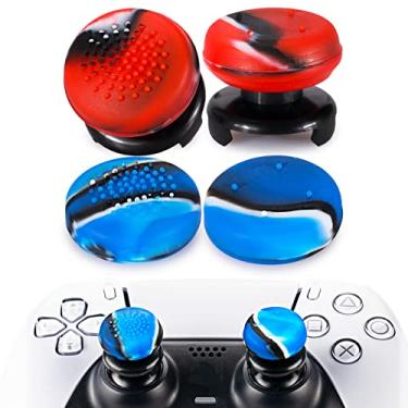 Imagem de PlayRealm Extensor De Joystick Fps X 2 E Capa Silicone Com Impressão Borracha Para Controle Ps5 Dualsense Ps4 (Camuflagem Vermelha Azul)