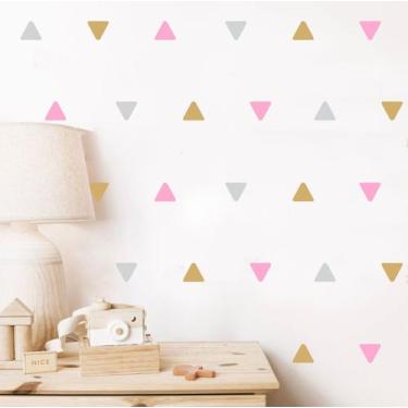 Imagem de adesivo de parede triângulos rosa bebê dourado e cinza - Adesivos Kigr
