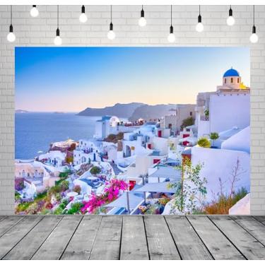 Imagem de Loccor Pano de fundo de tecido de 2,7 x 1,8 m na Grécia, pano de fundo da vila de Oia, costa do mar Egeu, ilha de Santorini, fundo de casa branca, retrato de amantes adultos na Grécia, viagem, férias