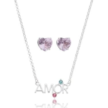 Imagem de Colar Brinco Presente Namorada Amor Zircônia Semijoia Antialérgica Banhada a Prata 925 (Rosa)