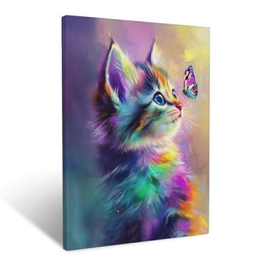 Imagem de Arte de parede em tela de gato, borboleta, emoldurada, impressões, para homens, mulheres, meninos, meninas, adolescentes, desenhos coloridos, gatos, borboletas, fotos, decoração de parede para casa de