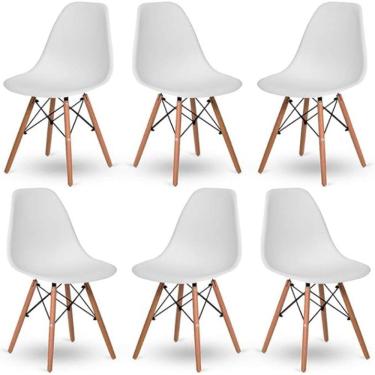 Imagem de Conjunto com 6 Cadeiras Eiffel Brancas – Design Moderno com Base de Madeira Pé Palito
