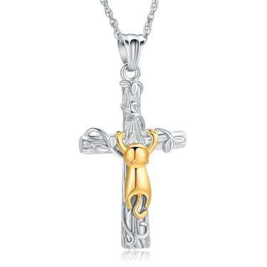 Imagem de QGJNSGC Colar de urna com cruz para cinzas, colar de cruz, pingente de gato, joia de cremação, aço inoxidável, lembrança de cristãos, urna de animal de estimação, pingente de cinzas, colar masculino