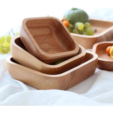 Imagem de Tigela De Madeira Quadrada Conjunto De Tigela De Salada De 4 Tamanhos Grande Prato De Madeira Pequeno Lanche Sobremesa Pratos De Servir Recipiente De Comida Talheres De Madeira, Xl 21cm