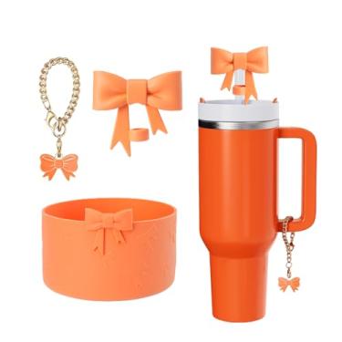 Imagem de AXMCCH Tampa de garrafa de silicone de 7,5 cm e topo de canudo em forma de laço de 10 mm para copo Stanley de 340 a 1,134 g (3 peças laranja)