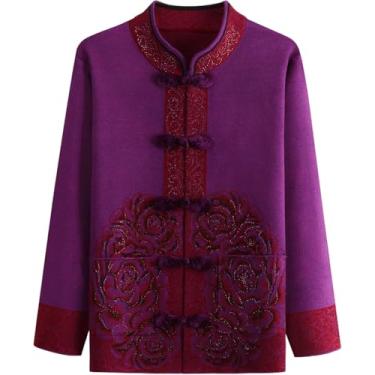 Imagem de Mãe Idosa De Meia-idade Cardigan Suéter De Malha Feminina Outerwear Retro Single Breasted Outono Inverno Camisola Jaqueta Estilo Chinês Solto Quente Vovó Cardigan De Malha, Purple, 4XL