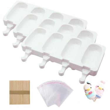 Imagem de Conjunto de 3 moldes de picolé, molde de silicone para bolos, molde oval para sorvete, 50 palitos de madeira, 50 sacos para picolé DIY