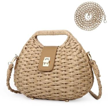 Imagem de Bolsas transversais femininas de palha, bolsas de palha de verão com corrente, bolsa de ombro de ombro feita à mão, Marrom, Bolsa tiracolo Summer Beach Straw