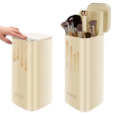 Imagem de WANGDAWING Suporte de pincel de maquiagem com tampa, um toque para levantamento automático, organizador de maquiagem à prova d'água à prova de poeira para banheiro (amarelo)