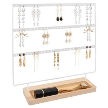 Imagem de Suporte de brinco, organizador de brincos de 3 camadas com 75 furos, suporte de brinco de metal com suporte básico de madeira, suporte organizador de joias para brinco e pulseira de orelha (branco +