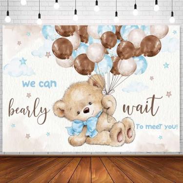 Imagem de Withu We Can Bearly Wait Pano de fundo para decoração de festa de chá de bebê, faixa de urso, aquarela, balões azuis, nuvens, recém-nascidos, revelação de gênero, tema de fotografia 2,1 x 1,5 m