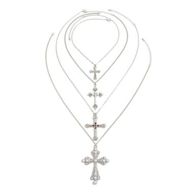 Imagem de NOVYRA Conjunto de colar com pingente de cruz para mulheres ouro/prata conjunto de colares de cruz grossa em camadas pérolas coloridas colar pingente cruz moda Y2k joias para mulheres, adjustable