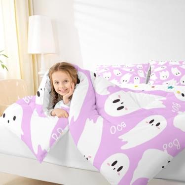 Imagem de Manfei Jogo de cama Kawaii Ghost para meninos e meninas, tema de Halloween, aconchegante para todas as estações, conjunto de edredom estilo roxo para decoração de quarto, presente de aniversário
