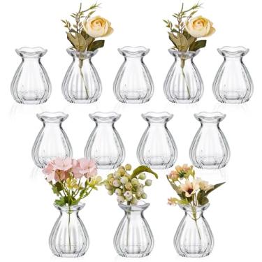 Imagem de Ninehaoou 12 peças de vasos de vidro para centros de mesa, mini buquês de flores, pequenos lindos cristais com nervuras, botão de vidro transparente a granel para casamento, bebê, mesa de chá de noiva