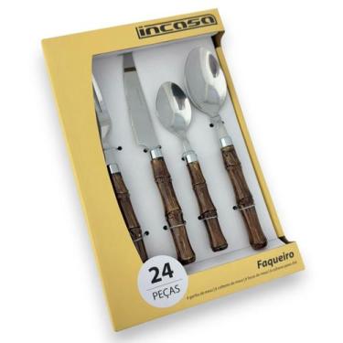 Imagem de Faqueiro Kit Talheres 24 Peças Bambu Rústico Escuro Aço Inox - Incasa