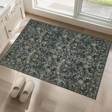 Imagem de Luxcrest Tapete de área verde 2x3: tapetes florais vintage laváveis para entrada corredor cabeceira cozinha interior - tapete macio antiderrapante resistente a manchas - verde escuro
