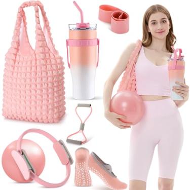Imagem de Poen Kit de 7 peças essenciais de Pilates para mulheres, conjunto de anel e bola de pilates para treino em casa com círculo de 29,8 cm com faixa de resistência de bola de ioga para iniciantes (rosa)
