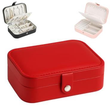 Imagem de Porta Joias Organizadora Bijuterias Portátil para Viagem Caixa Maleta Estojo Organização Aneis Prata Ouro Acessórios Brincos com Botão Couro PU com Divisórias (Vermelho)