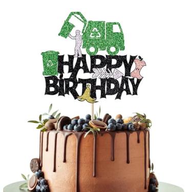 Imagem de Leetaivie Topo de bolo de caminhão de saneamento com glitter, decorações de festa de aniversário de caminhão de lixo, festa temática de caminhão de saneamento, veículos de chá de bebê temáticos para