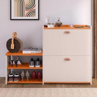 Imagem de sapateria milano, decorativo para entrada, sala quarto, com 2 gavetas e prateleiras, guarda sapatos, calçados, cor off/cinmomo, no pix, detalhe em madeira, armazenamento