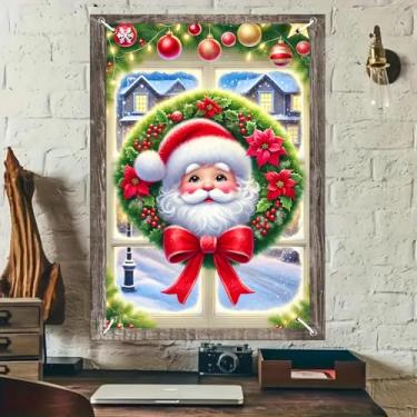 Imagem de BlissYard Capa de janela de Natal, faixa de janela de Natal de 78 x 128 cm com guirlanda de Papai Noel, cena de cidade nevada, painel de luz quente para pendurar na parede para decoração interna