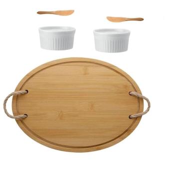 Imagem de Bandeja De Bambu Com Alça Em Corda 2 Ramequin E Faquinhas