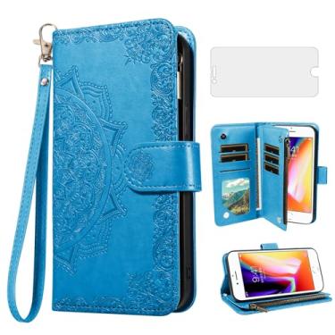 Imagem de Capa de celular para iPhone 7/8 carteira com protetor de tela e flor flip porta-cartão de crédito suporte para iPhone7 iPhone8 7s 8s i SE2020 SE2022 2/2nd/3/3ª geração SE2 SE3 7SE 8SE azul