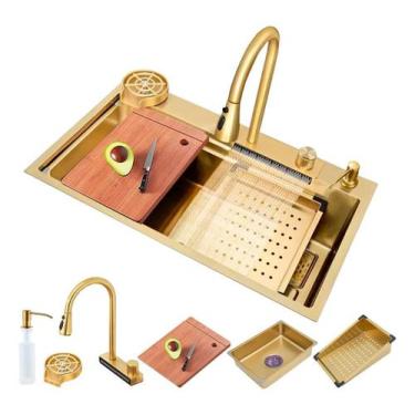 Imagem de Cuba Gourmet Premium Torneira Cascata Lavador Copos Dourada - Brinovar