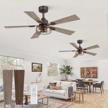 Imagem de Pacote com 2 ventiladores de teto Farmhouse 42 com luzes, ventiladores de teto industriais enjaulados para quarto, sala de estar, 5 lâminas dupla face, ventilador de teto rústico - bronze óleo