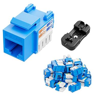 Imagem de iwillink Conector Keystone Cat6 de 10 Gbps, RJ45 Keystone Jack pacote com 25 e suporte Keystone Punch-Down, inserção de conector Ethernet modular UTP 90 graus, adaptador de conector Keystone Punch,