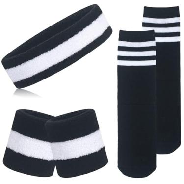 Imagem de ONUPGO Conjunto de 5 peças de meias infantis com faixa de cabeça esportiva, pulseiras, meias altas listradas para crianças, jovens, bebês e bebês - futebol, basquete, corrida, ciclismo, tênis (preto