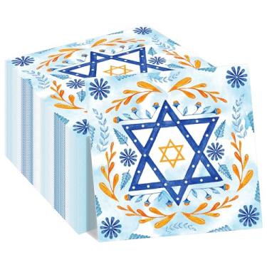 Imagem de 40 guardanapos de papel Hanukkah Hanukkah papel coquetel guardanapos descartáveis conjunto de festa estrela, velas, menorá Hanukkah guardanapos de almoço de papel para Hanukkah, suprimentos de festa