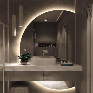 Imagem de Espelho De Parede De Maquiagem, Espelho De Banheiro De Desembaçamento, Espelho Grande De Meio Círculo De Comprimento Total, Espelho Decorativo Retroiluminado, Right Cut, 30 * 43inch(77 * 110cm)