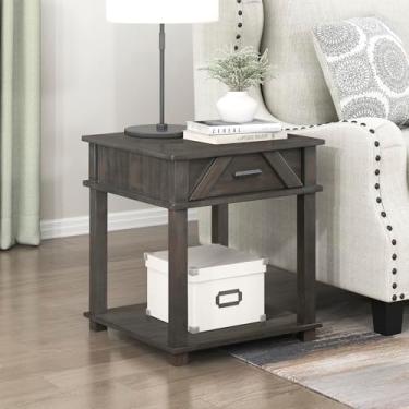 Imagem de Lexicon Mesa de canto retangular de madeira com gaveta e prateleira aberta inferior, mesa lateral pequena de folheado de madeira de pinho para sala de estar/quarto contemporânea, fácil de montar