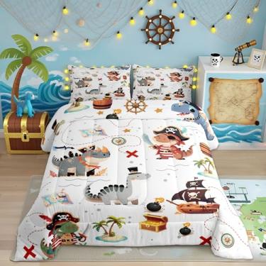 Imagem de Jogo de cama solteiro com tema de mapa náutico do mar, pirata, dinossauro, 2 peças, decoração de quarto de crianças e adolescentes, conjunto de edredom com desenho animado de animais e aventuras