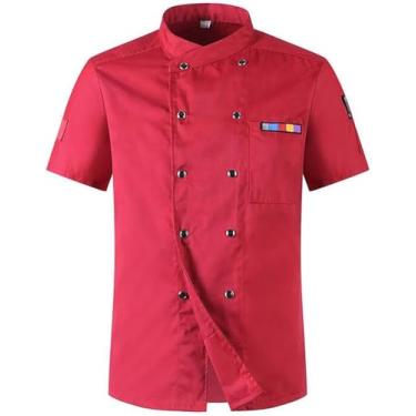 Imagem de Jaqueta Do Chef, Uniforme De Chef De Operação De Alimentos Jaqueta De Chef Homens Mulheres Uniforme De Chef De Manga Curta Catering Cozinha Restaurante Operação De Padeiro Geral, Red, E(3XL)