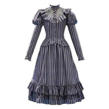 Imagem de Vestido gótico feminino MEOWCOS Halloween Gótico Listrado Terno Retrô Medieval Fantasia Top e Saia Multicamadas, Preto e branco, GG