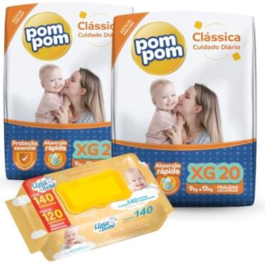 Imagem de Kit 02 Pacotes Fraldas Descartáveis PomPom P M G XG + 140 Lenços Toalhas Umedecidos para Bebê UPA (X-Grande)
