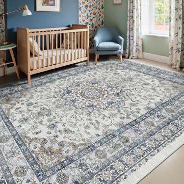 Imagem de Tapetes cinza laváveis para sala de estar, sala de estar, tapete floral persa para quarto, sala de jantar embaixo da mesa, tapete vintage antiderrapante de pilha baixa, tapete de destaque macio (15 x