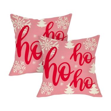 Imagem de Fjfz Capas de almofada decorativas de Natal rosa Ho 45 x 45 conjunto de 2, árvore de Natal, floco de neve, varanda, decoração de casa, capa de almofada de sofá de inverno