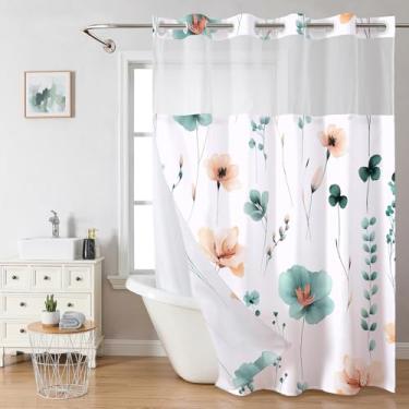 Imagem de Cortinas de chuveiro florais sem gancho com forro de encaixe para banheiro, camadas duplas estilo hotel com janela superior de malha transparente, cortina de banho de tecido de flor bege azul-petróleo