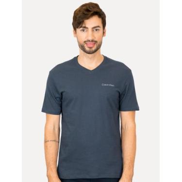 Imagem de Camiseta Calvin Klein Swimwear Masculina V-Neck Slim Fit Logo Azul Mar