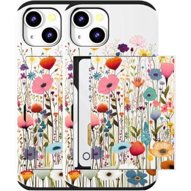 Imagem de MUQR Capa compatível com iPhone 15 Plus com porta-cartão fofo - Capa tipo carteira robusta com design Kawaii, proteção contra quedas de grau militar (flores brancas do campo)