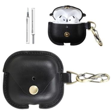 Imagem de Capa de couro para AirPods 4 (4ª Geração), capa vintage personalizada de couro bovino, portátil à prova de choque com chaveiro, capa de carregamento para AirPods 4 (preto)