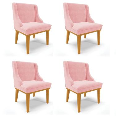 Imagem de Kit 4 Cadeiras Estofadas para Sala de Jantar Base Fixa de Madeira Castanho Lia Suede Rosa bebê - Ibi